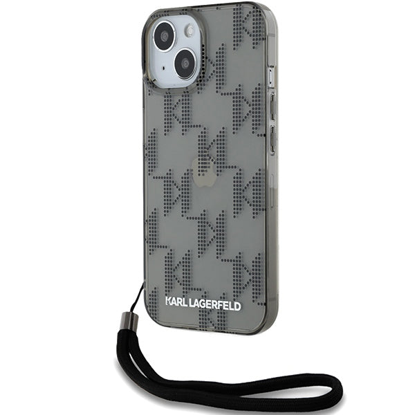 Etui na Apple iPhone 15, Karl Lagerfeld, IML Luxury Monogram KL Pattern with Strap, Czarne