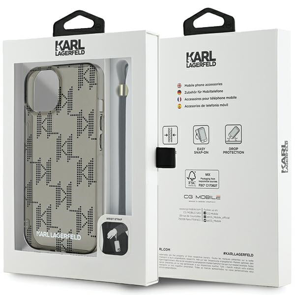 Etui na Apple iPhone 15, Karl Lagerfeld, IML Luxury Monogram KL Pattern with Strap, Czarne