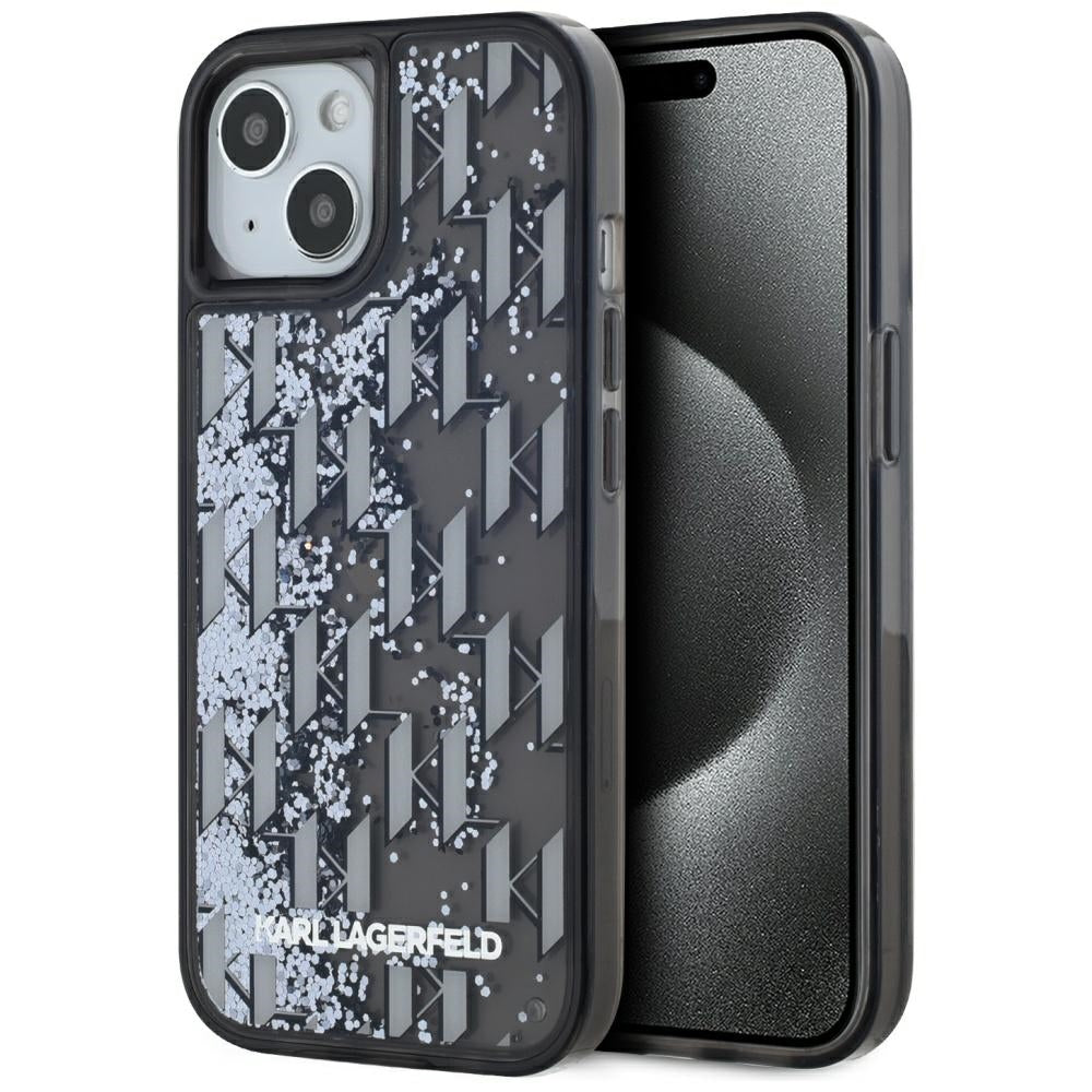 Etui na Apple iPhone 15, Karl Lagerfeld, Liquid Glitter Monogram, Czarne