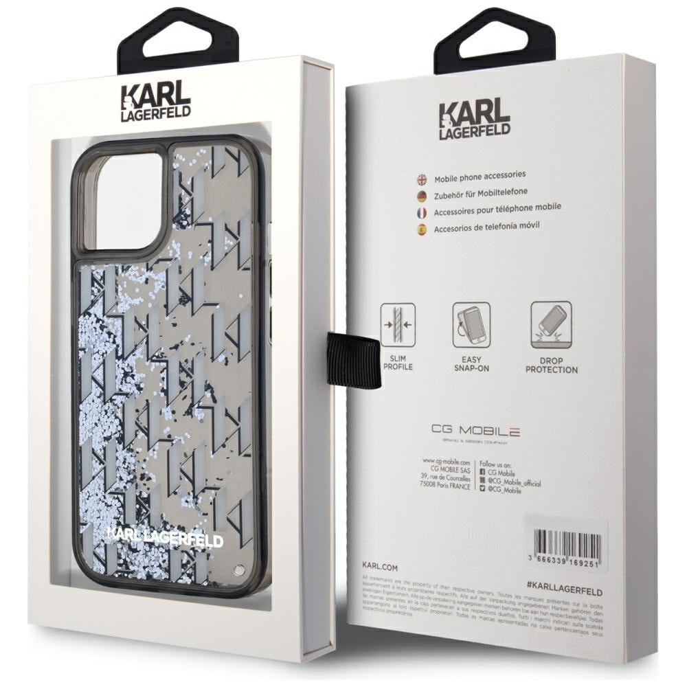 Etui na Apple iPhone 15, Karl Lagerfeld, Liquid Glitter Monogram, Czarne