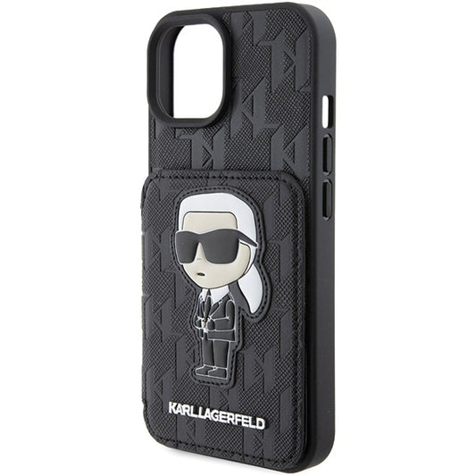Etui na Apple iPhone 15, Karl Lagerfeld, Saffiano Cardslots and Stand Monogram Ikonik Karl, Czarne