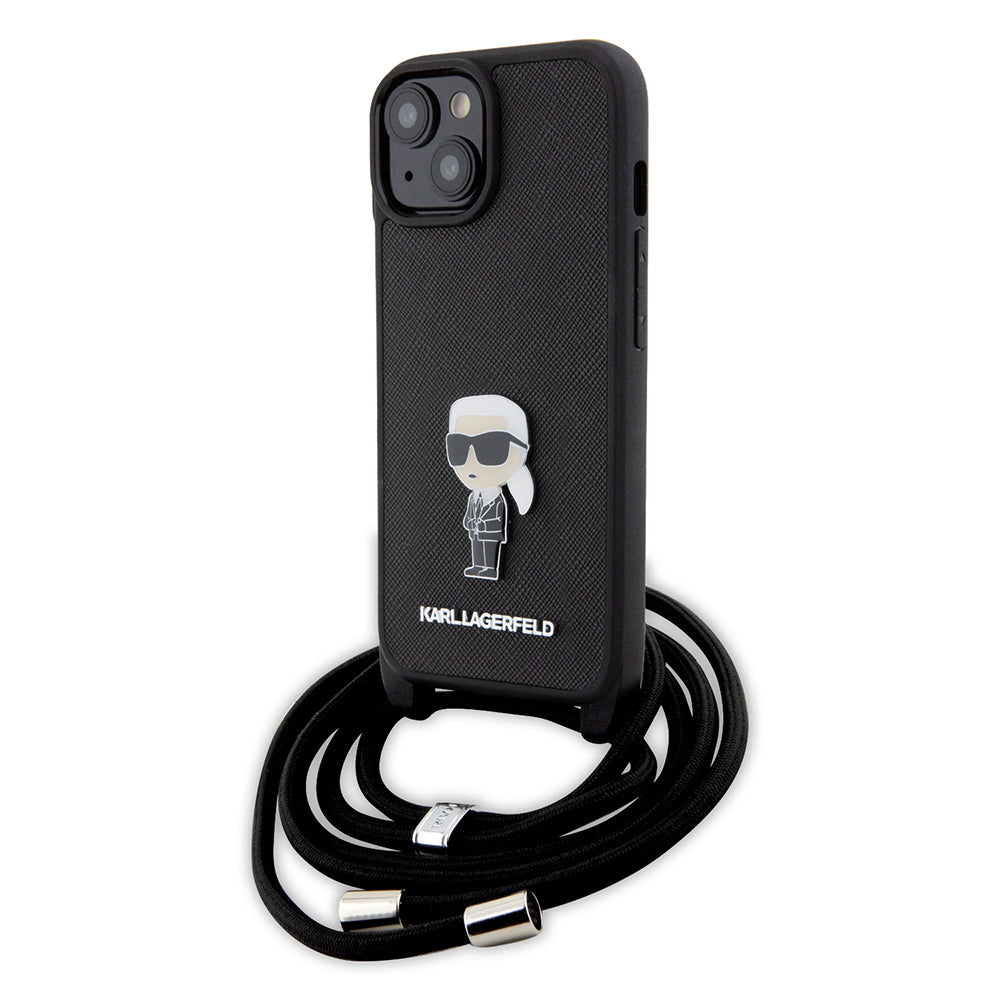 Etui na Apple iPhone 15, Karl Lagerfeld, Saffiano Crossbody Monogram Metal Pin Karl, Czarne