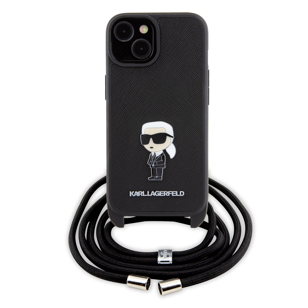 Etui na Apple iPhone 15, Karl Lagerfeld, Saffiano Crossbody Monogram Metal Pin Karl, Czarne