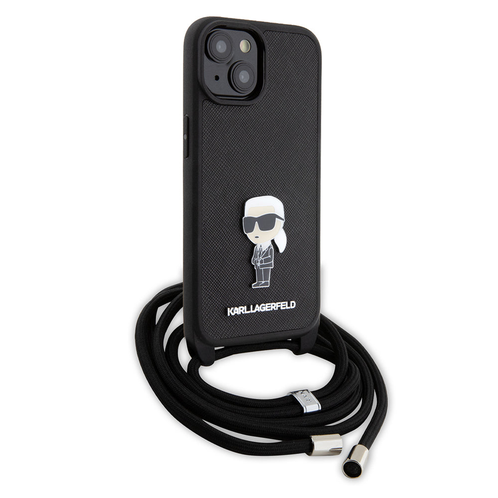 Etui na Apple iPhone 15, Karl Lagerfeld, Saffiano Crossbody Monogram Metal Pin Karl, Czarne