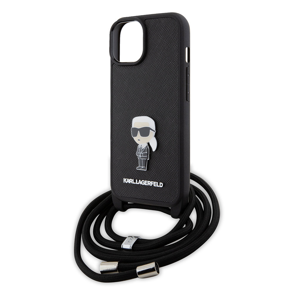 Etui na Apple iPhone 15, Karl Lagerfeld, Saffiano Crossbody Monogram Metal Pin Karl, Czarne