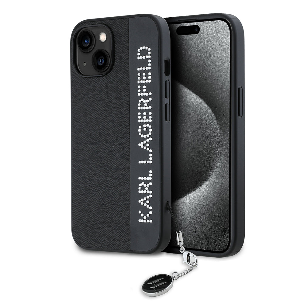 Etui na Apple iPhone 15, Karl Lagerfeld, Saffiano Rhinestones & Charm, Czarne