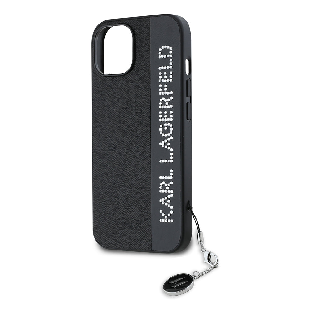 Etui na Apple iPhone 15, Karl Lagerfeld, Saffiano Rhinestones & Charm, Czarne
