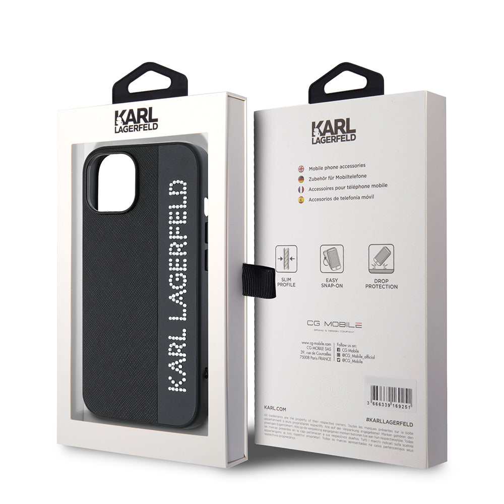 Etui na Apple iPhone 15, Karl Lagerfeld, Saffiano Rhinestones & Charm, Czarne
