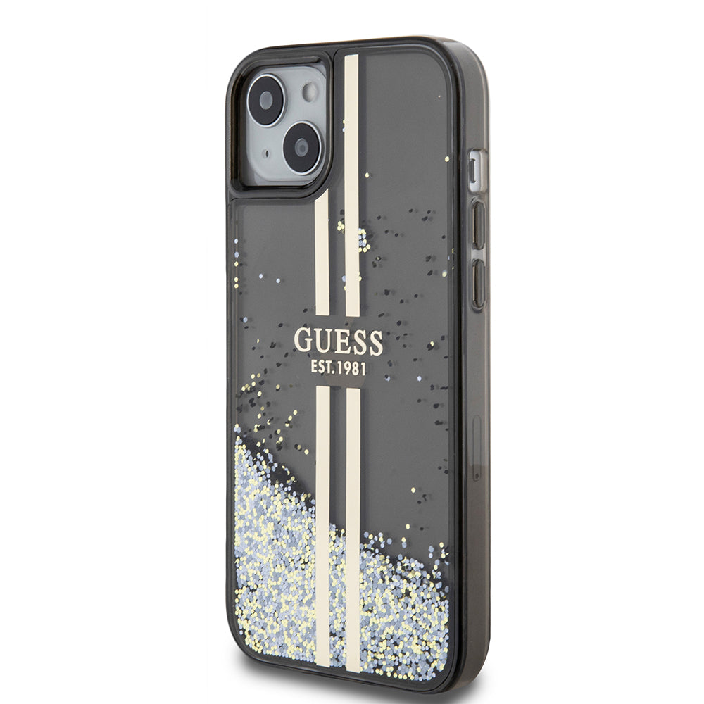 Etui na Apple iPhone 15 Plus, Guess, Liquid Glitter Gold Stripes, Czarne