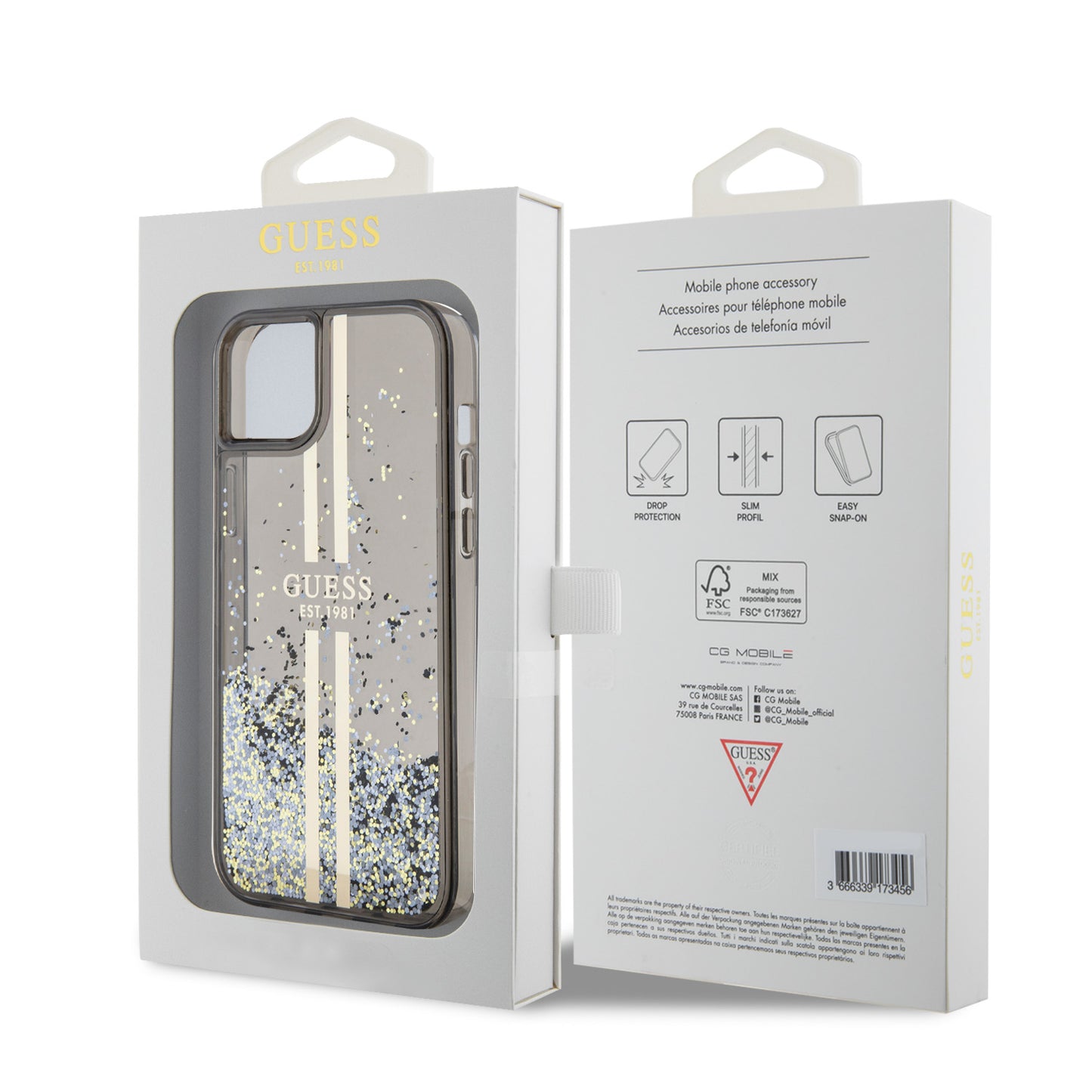 Etui na Apple iPhone 15 Plus, Guess, Liquid Glitter Gold Stripes, Czarne