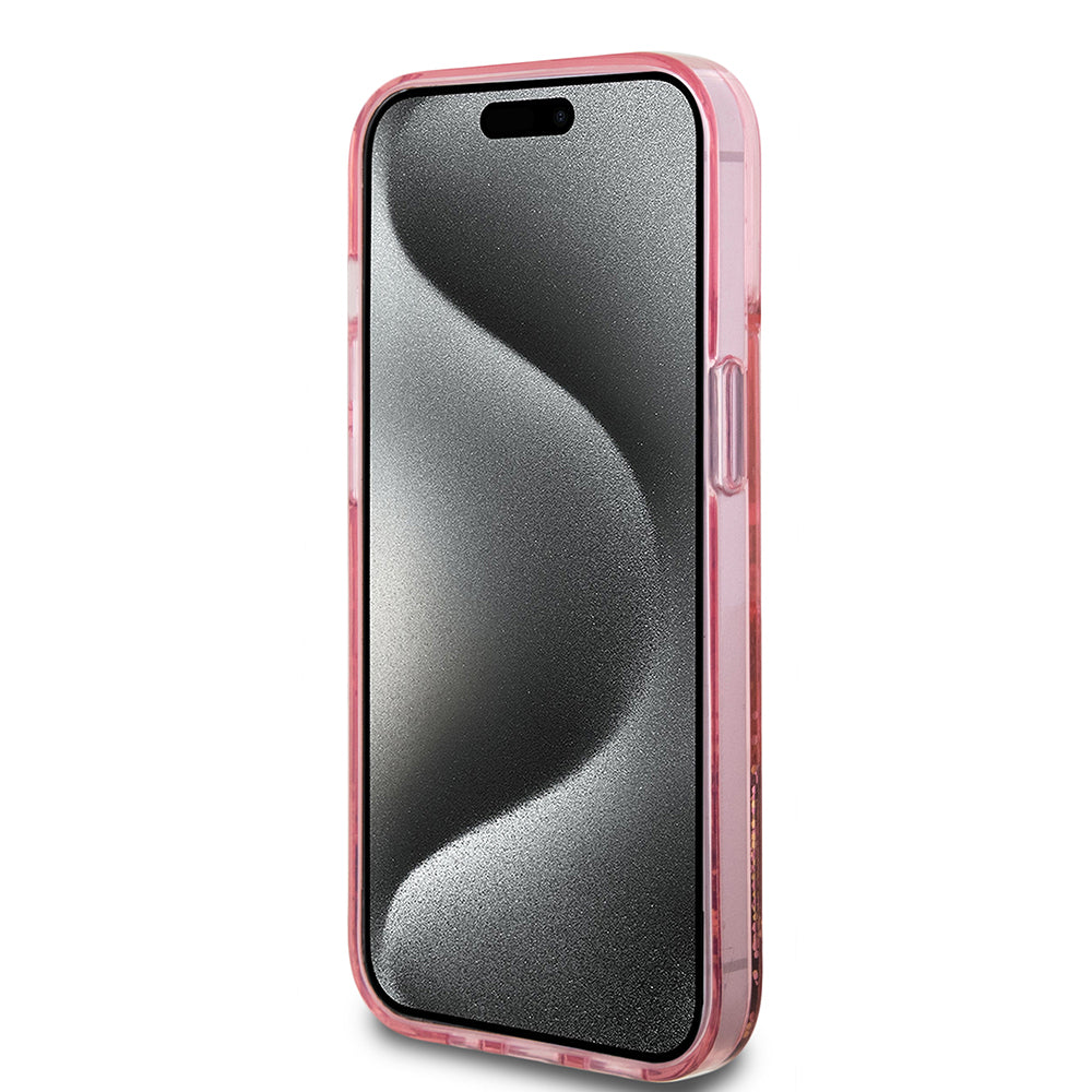 Etui na Apple iPhone 15 Plus, Guess, Liquid Glitter Gold Stripes, Różowy