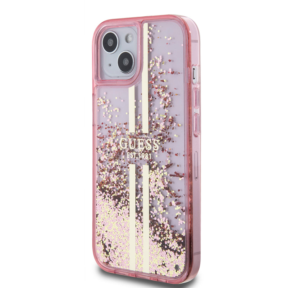 Etui na Apple iPhone 15 Plus, Guess, Liquid Glitter Gold Stripes, Różowy
