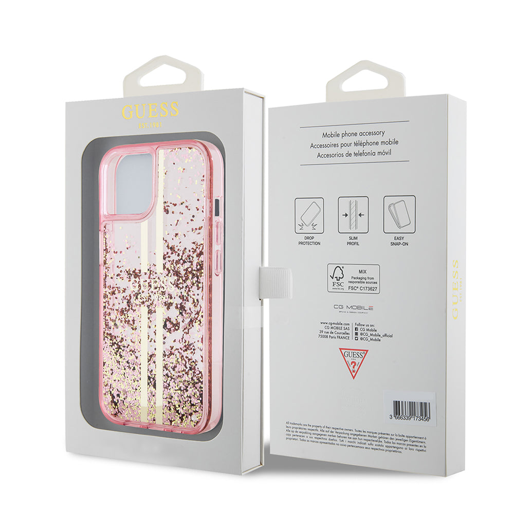 Etui na Apple iPhone 15 Plus, Guess, Liquid Glitter Gold Stripes, Różowy