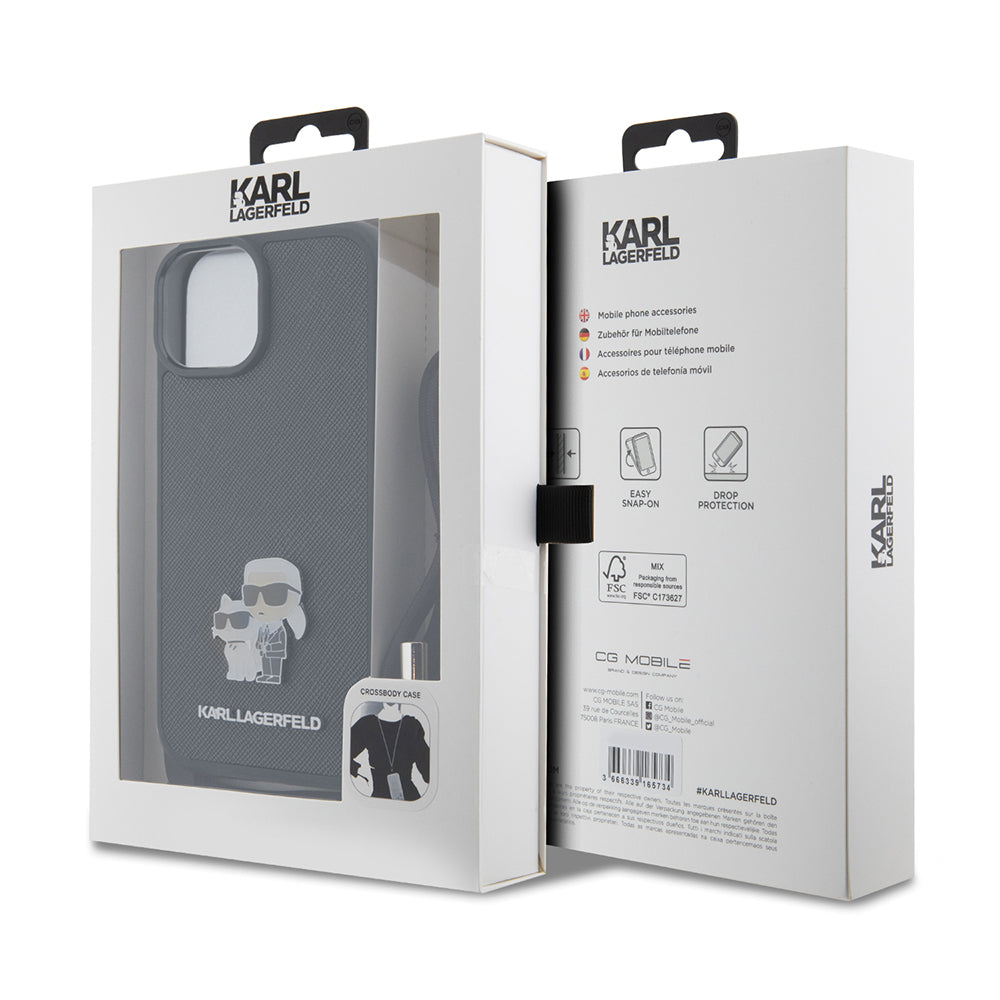 Case for Apple iPhone 15 Plus, Karl Lagerfeld, Saffiano Crossbody Metal Pin Karl & Choupette, Black