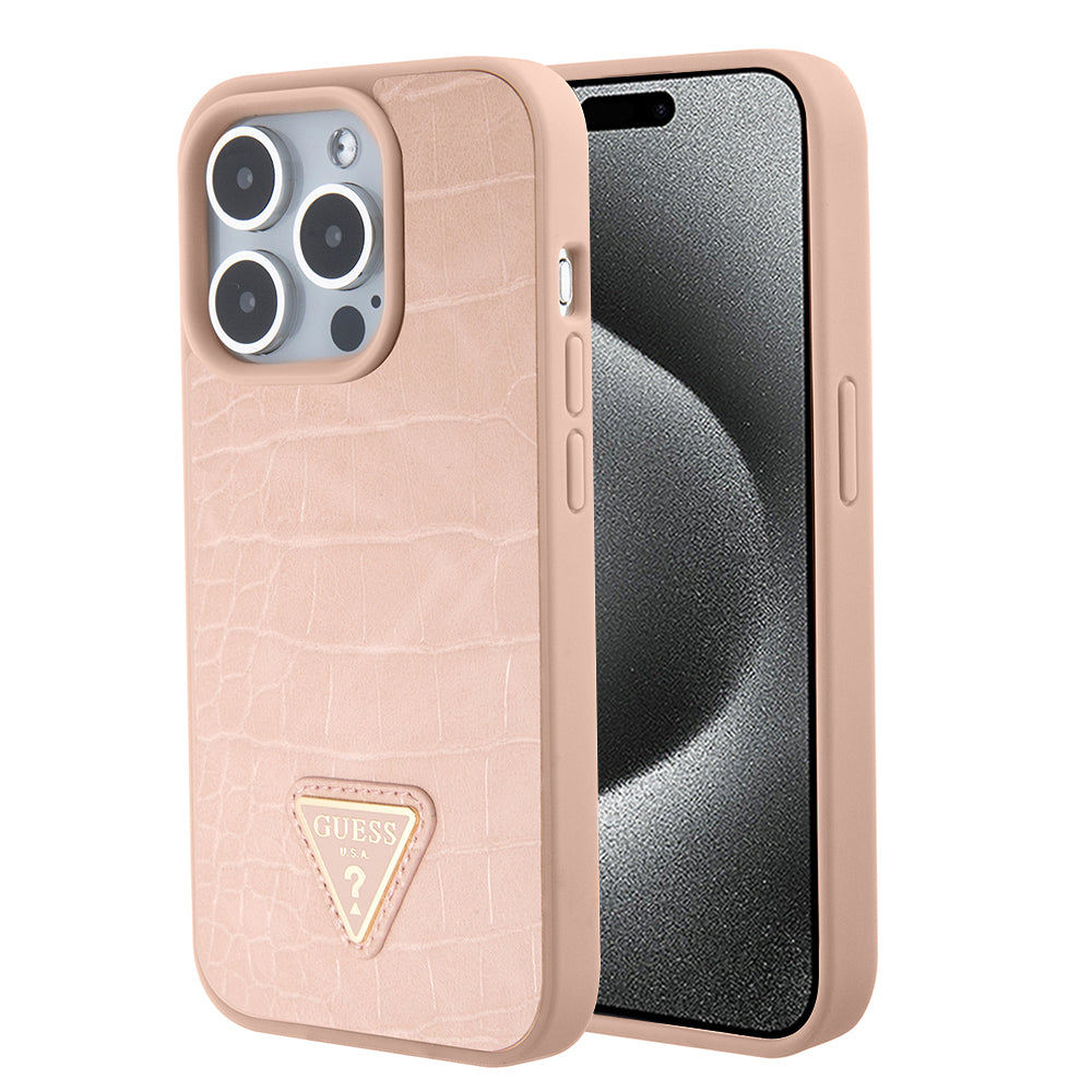 Etui na Apple iPhone 15 Pro, Guess, Croco Triangle Metal Logo, Różowy