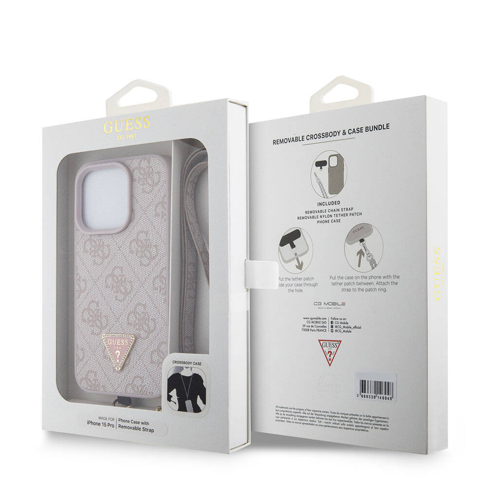Etui dla Apple iPhone 15 Pro, Guess, Crossbody 4G Metal Logo, Różowy