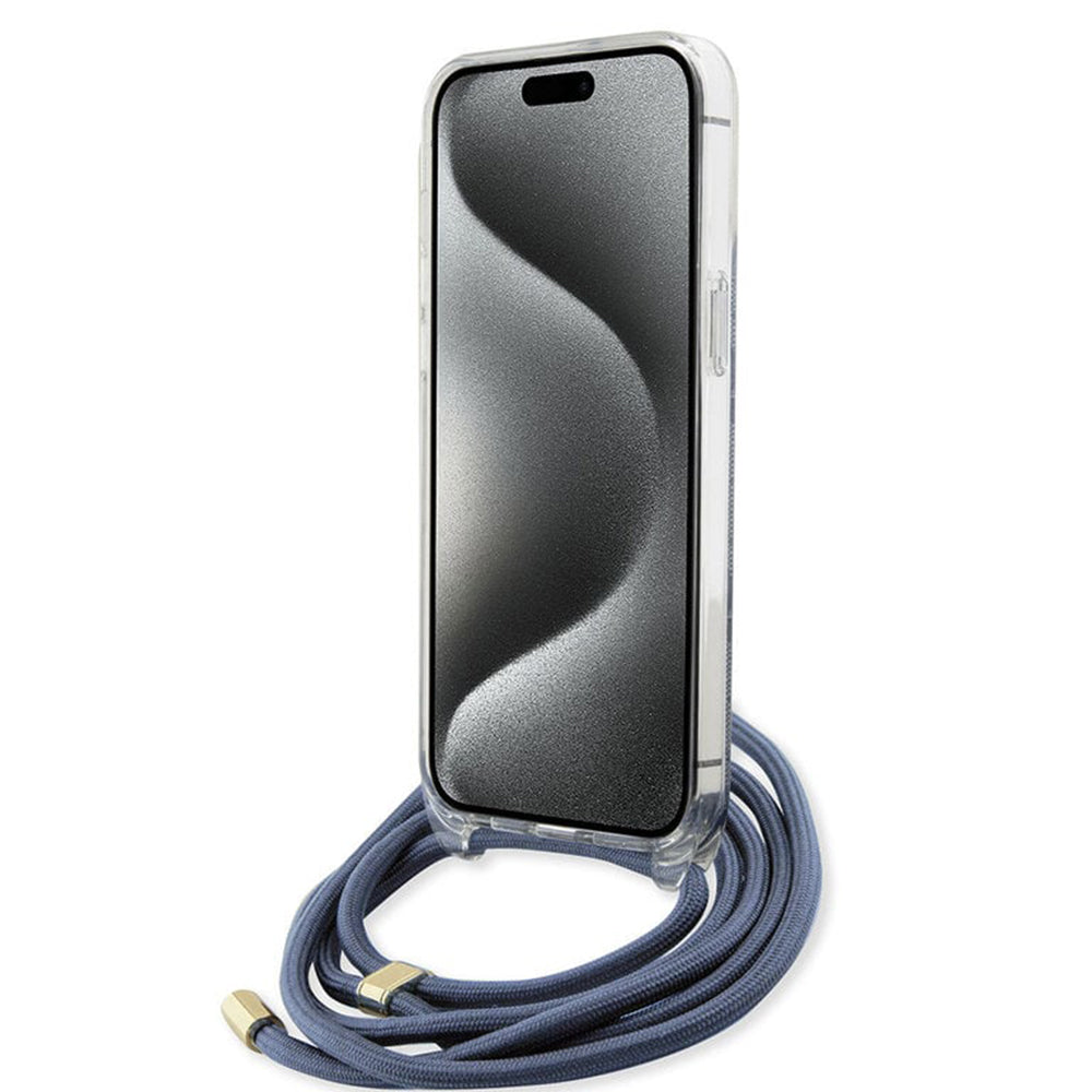 Case for Apple iPhone 15 Pro, Guess, Crossbody Cord 4G Print, Blue