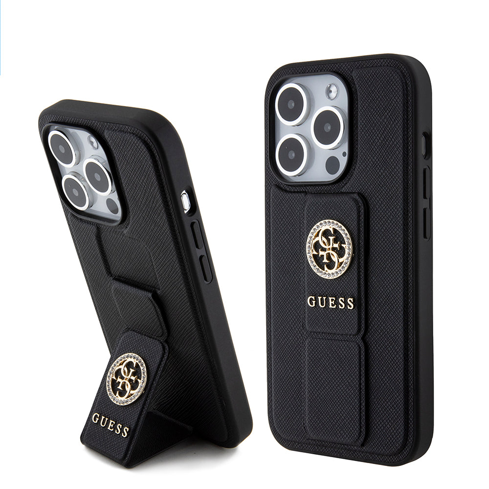 Etui na Apple iPhone 15 Pro, Guess, Grip Stand 4G Saffiano Strass, Czarne