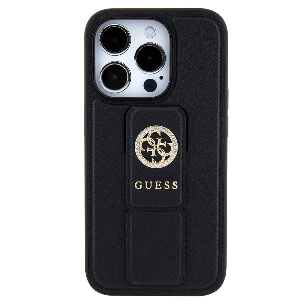 Etui na Apple iPhone 15 Pro, Guess, Grip Stand 4G Saffiano Strass, Czarne