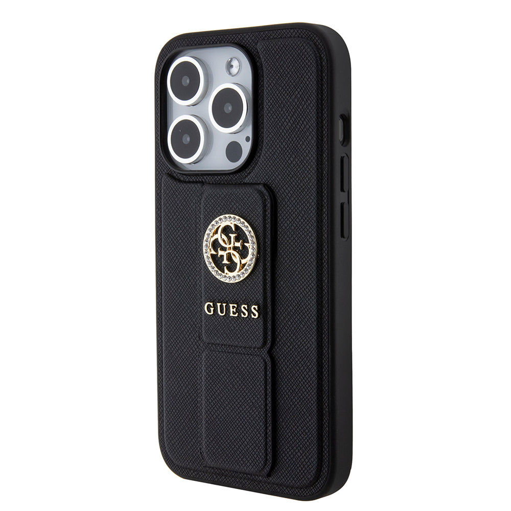 Etui na Apple iPhone 15 Pro, Guess, Grip Stand 4G Saffiano Strass, Czarne