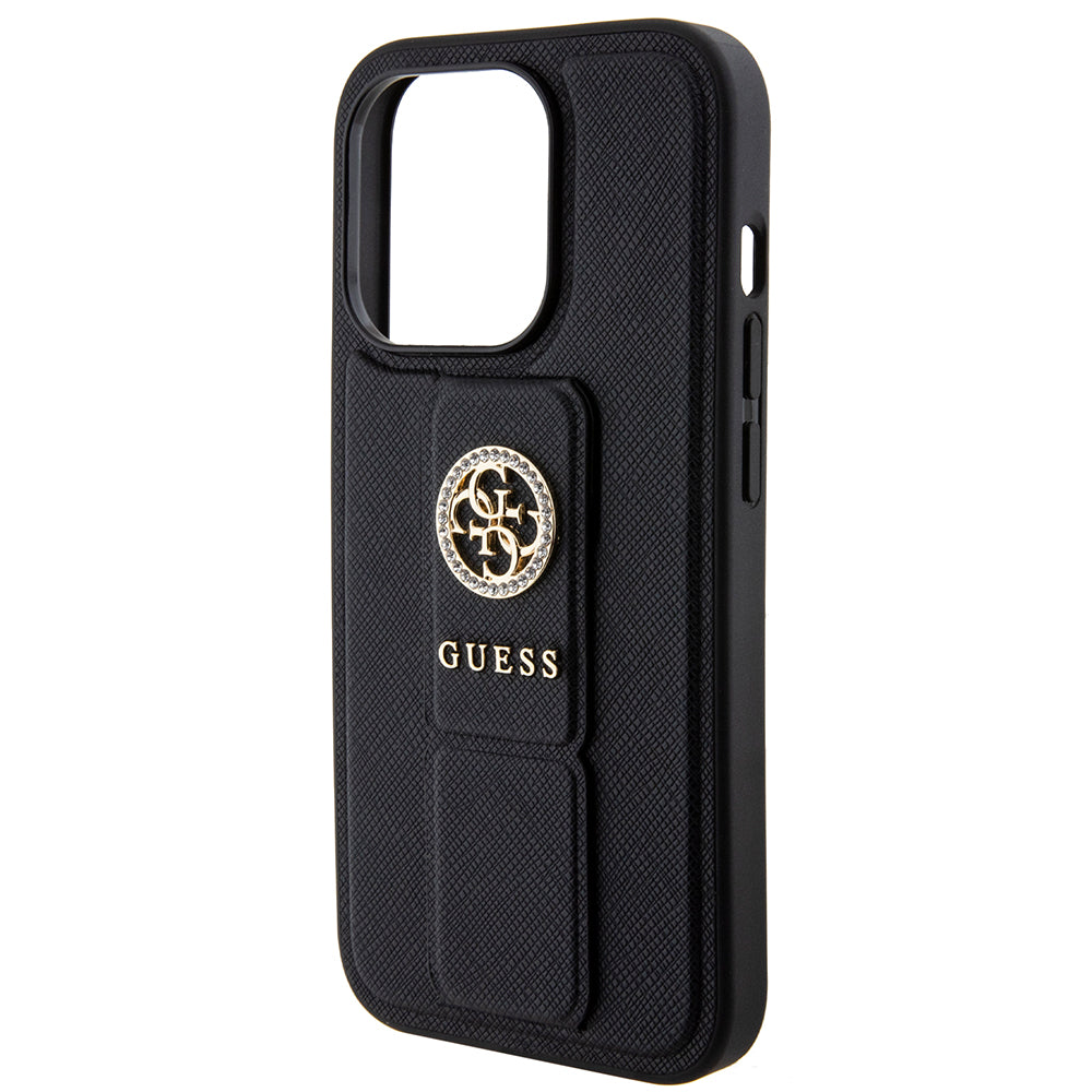 Etui na Apple iPhone 15 Pro, Guess, Grip Stand 4G Saffiano Strass, Czarne
