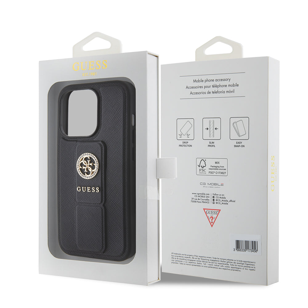 Etui na Apple iPhone 15 Pro, Guess, Grip Stand 4G Saffiano Strass, Czarne