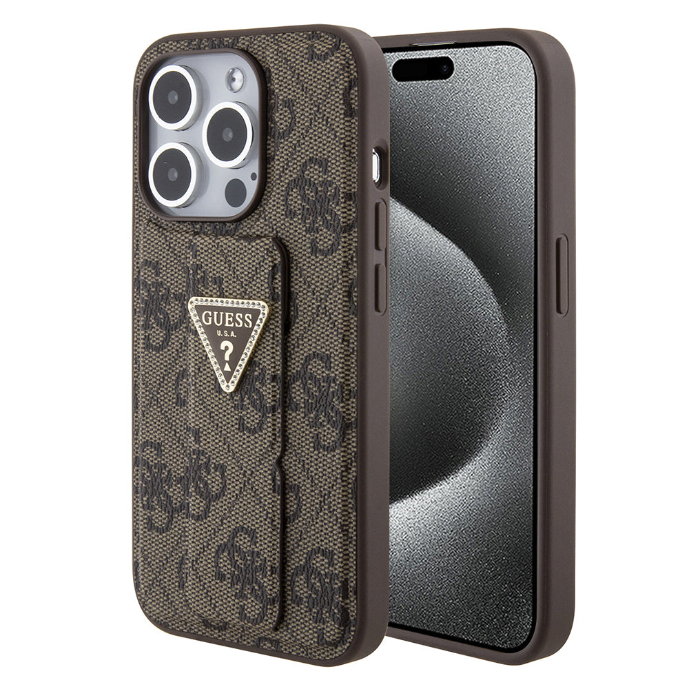 Etui na Apple iPhone 15 Pro, Guess, Grip Stand 4G Triangle Strass, Brązowy