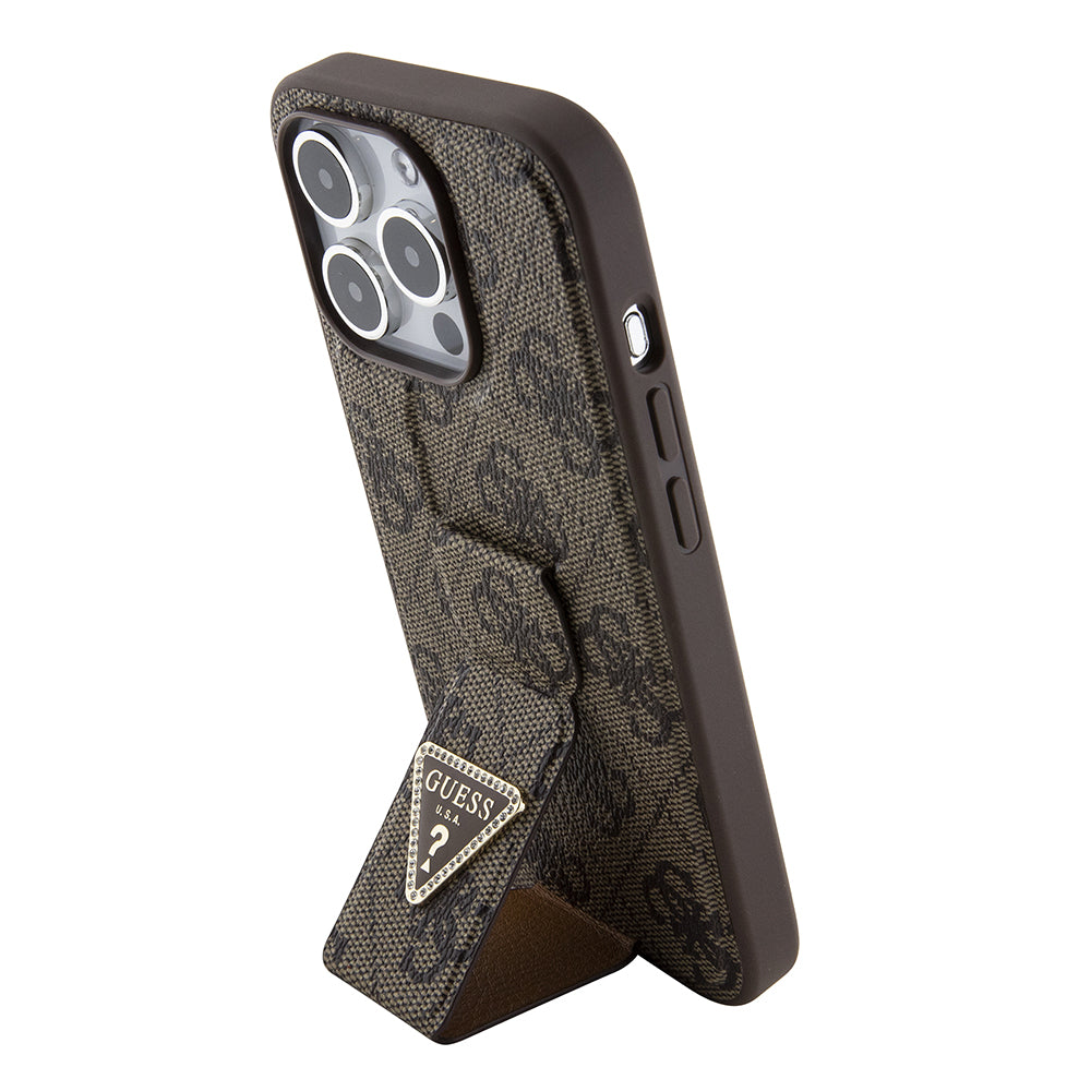 Etui na Apple iPhone 15 Pro, Guess, Grip Stand 4G Triangle Strass, Brązowy