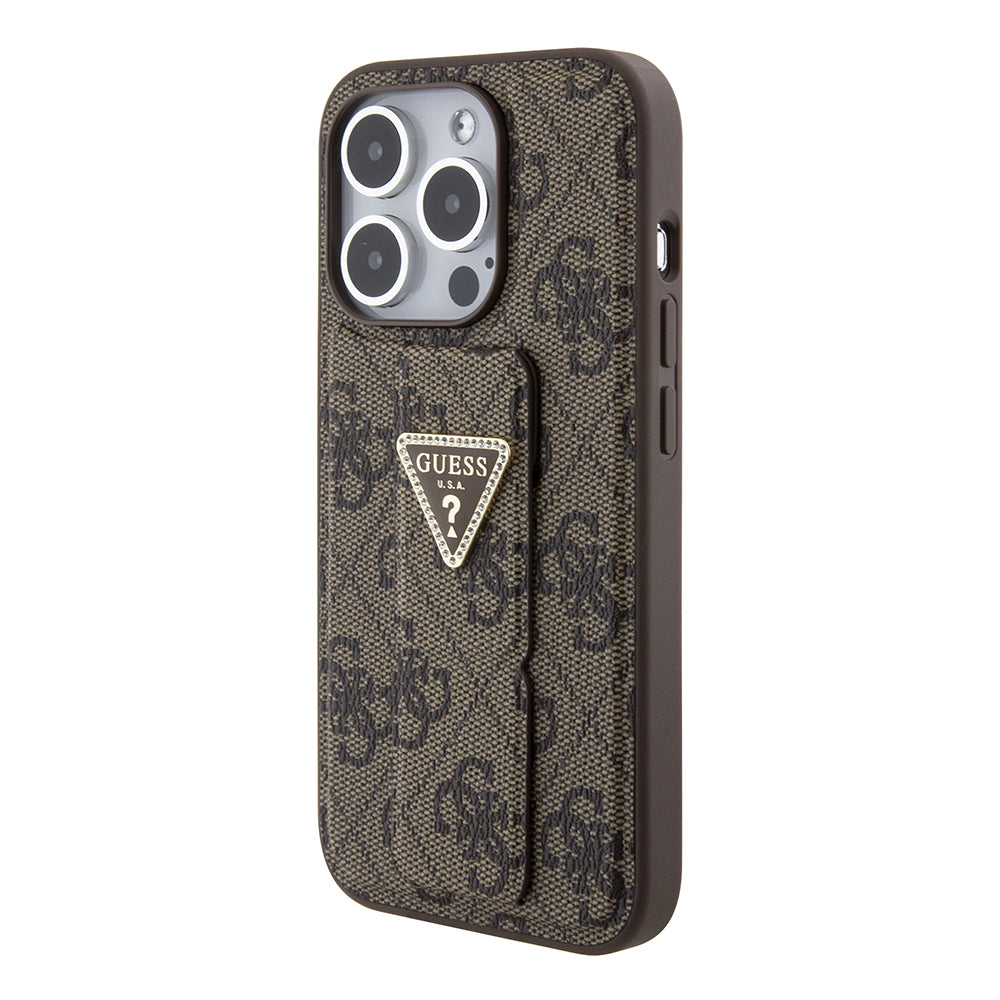 Etui na Apple iPhone 15 Pro, Guess, Grip Stand 4G Triangle Strass, Brązowy