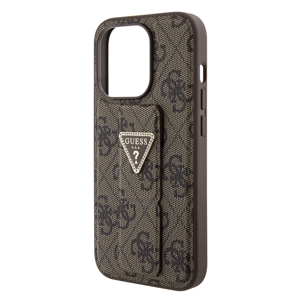 Etui na Apple iPhone 15 Pro, Guess, Grip Stand 4G Triangle Strass, Brązowy
