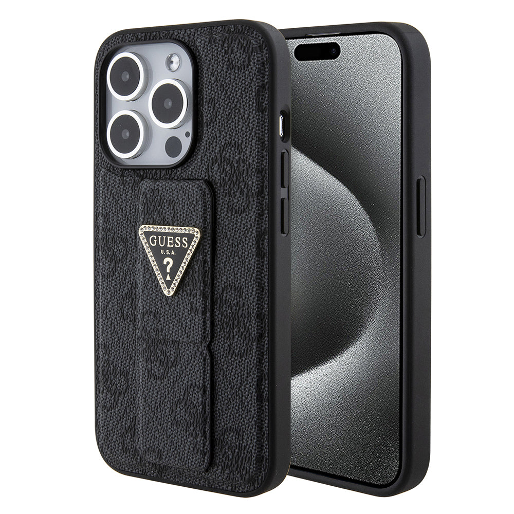 Etui na Apple iPhone 15 Pro, Guess, Grip Stand 4G Triangle Strass, Czarne