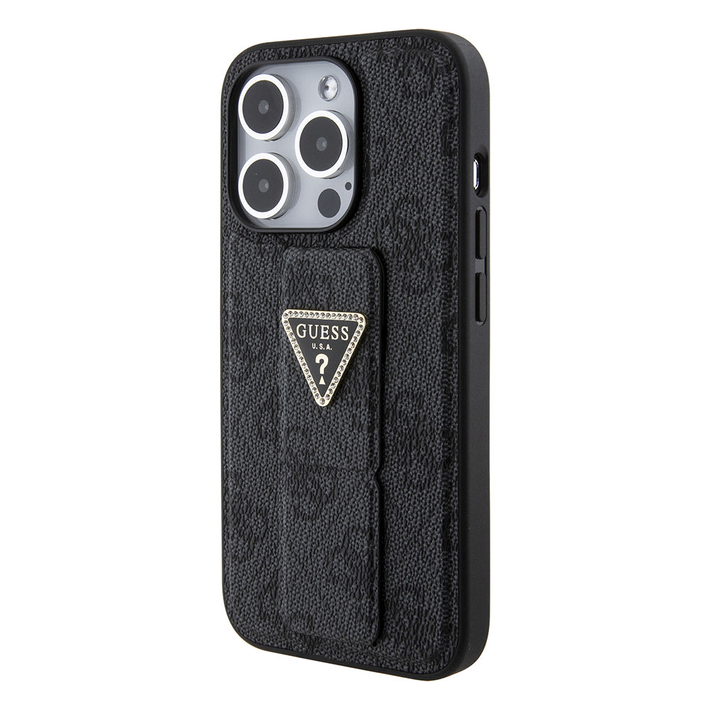 Etui na Apple iPhone 15 Pro, Guess, Grip Stand 4G Triangle Strass, Czarne