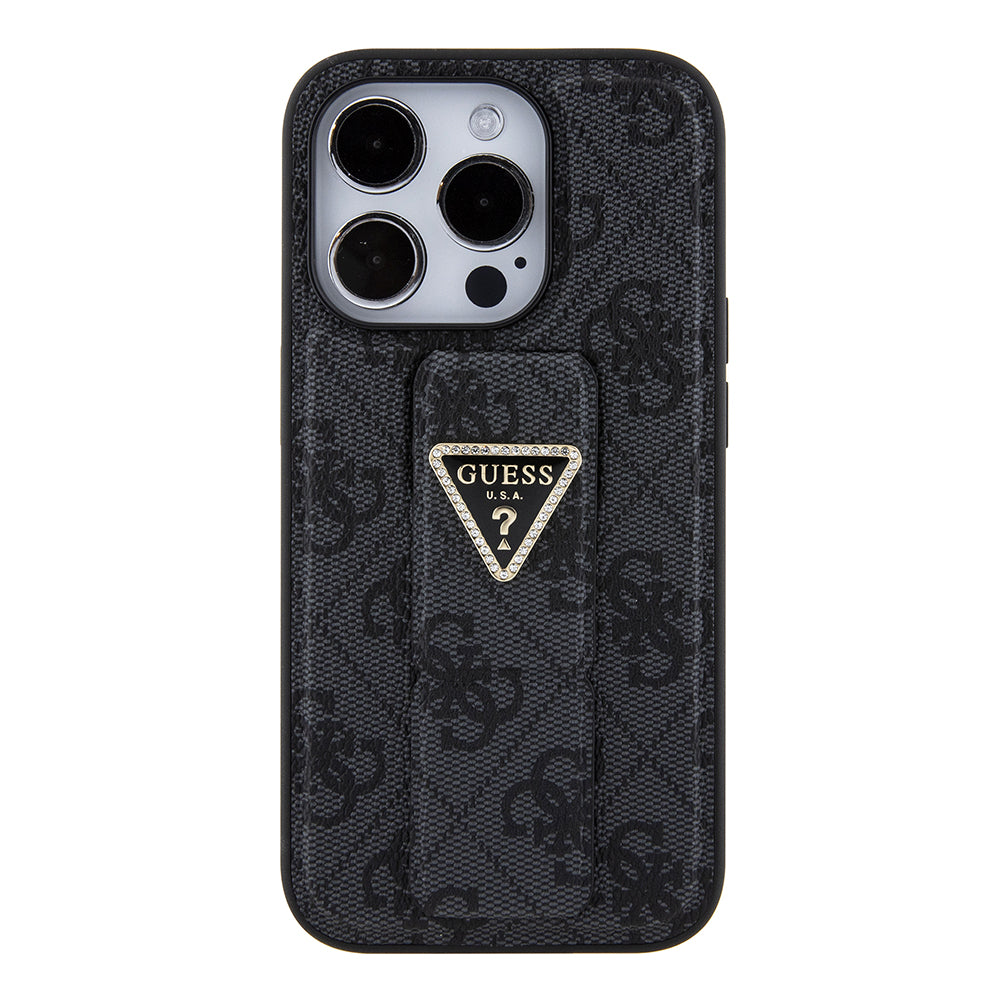 Etui na Apple iPhone 15 Pro, Guess, Grip Stand 4G Triangle Strass, Czarne