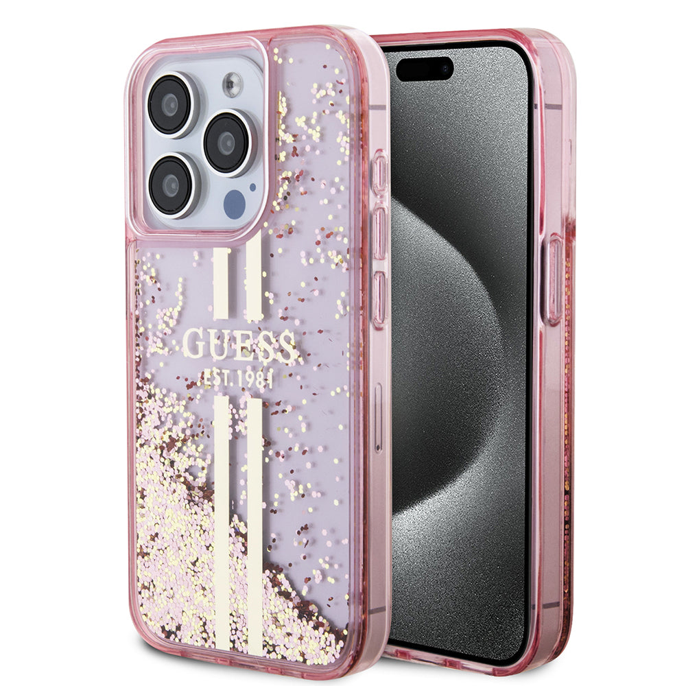 Etui na Apple iPhone 15 Pro, Guess, Liquid Glitter Gold Stripes, Różowy