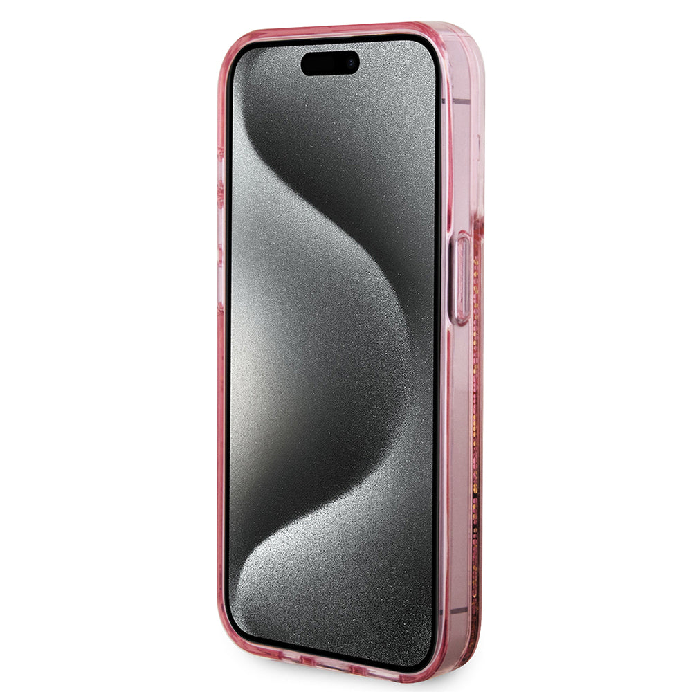 Etui na Apple iPhone 15 Pro, Guess, Liquid Glitter Gold Stripes, Różowy