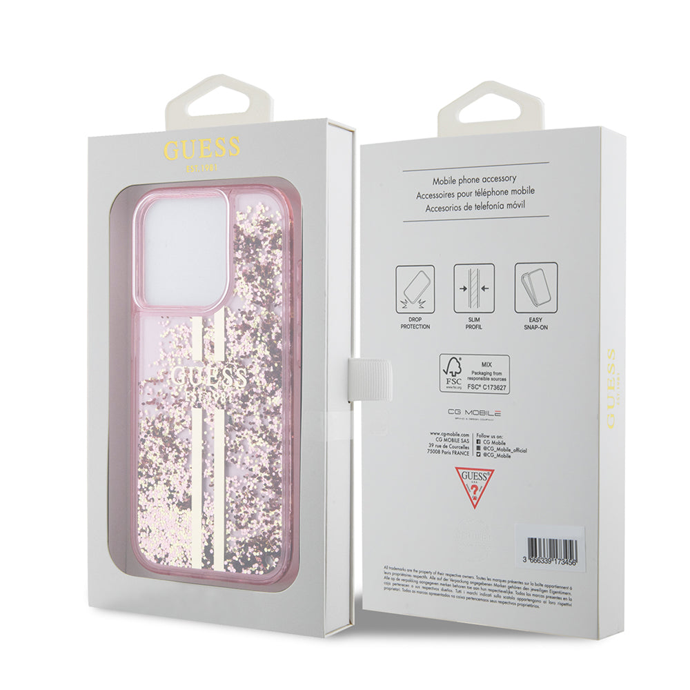 Etui na Apple iPhone 15 Pro, Guess, Liquid Glitter Gold Stripes, Różowy