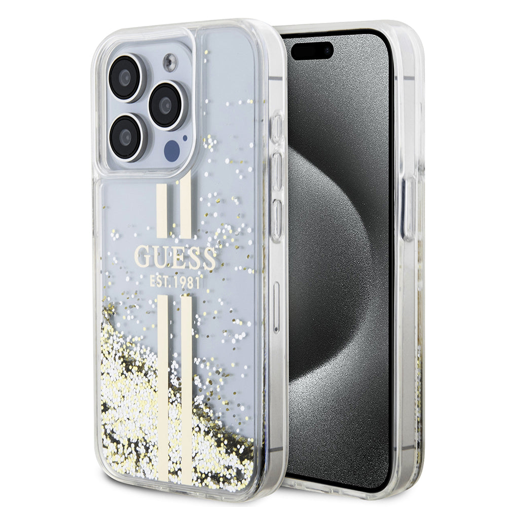 Etui na Apple iPhone 15 Pro, Guess, Liquid Glitter Gold Stripes, Przezroczyste