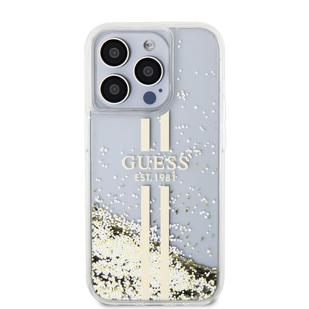 Etui na Apple iPhone 15 Pro, Guess, Liquid Glitter Gold Stripes, Przezroczyste