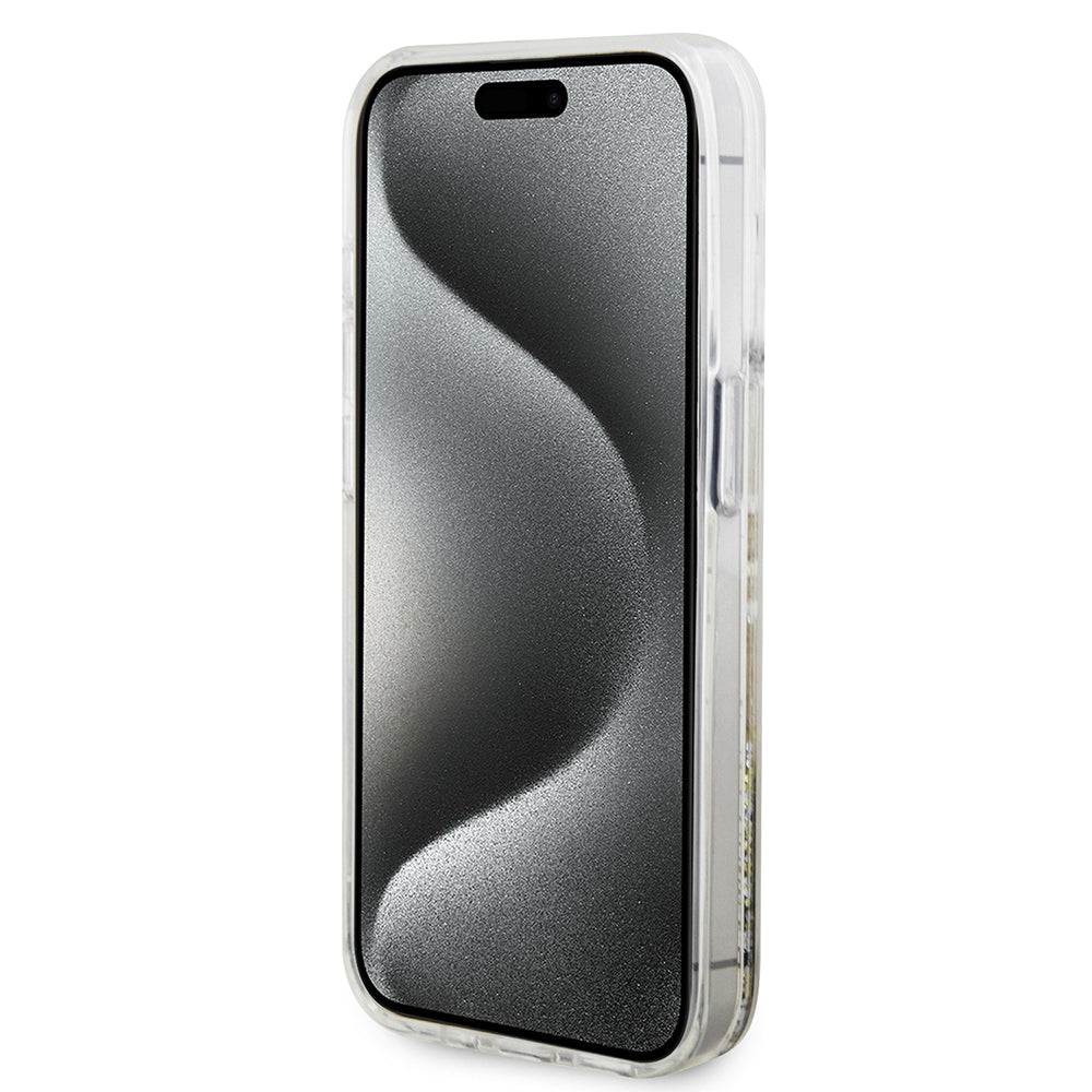 Etui na Apple iPhone 15 Pro, Guess, Liquid Glitter Gold Stripes, Przezroczyste