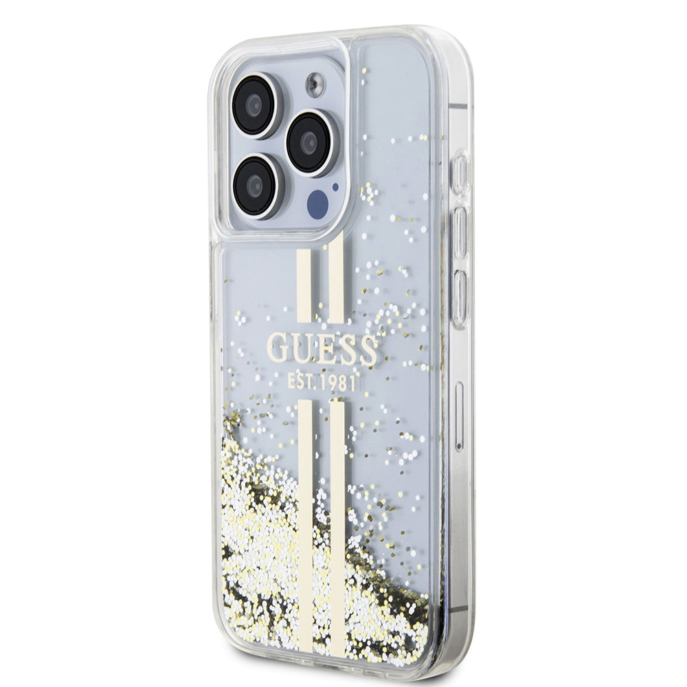 Etui na Apple iPhone 15 Pro, Guess, Liquid Glitter Gold Stripes, Przezroczyste