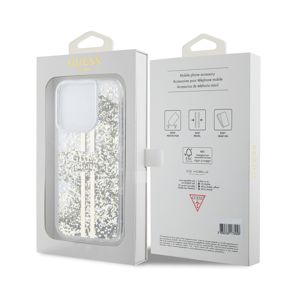 Etui na Apple iPhone 15 Pro, Guess, Liquid Glitter Gold Stripes, Przezroczyste