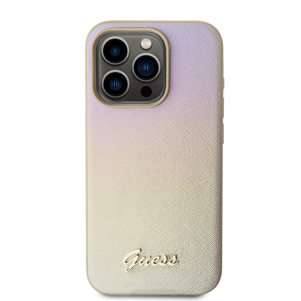 Etui na Apple iPhone 15 Pro, Guess, Saffiano Iridescent Script, Złote