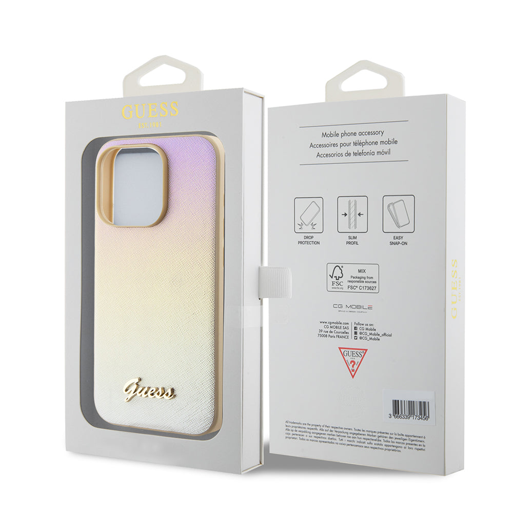 Etui na Apple iPhone 15 Pro, Guess, Saffiano Iridescent Script, Złote