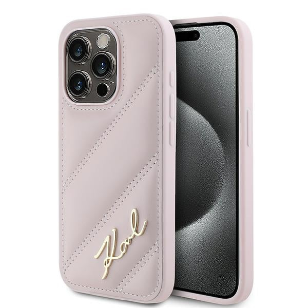 Etui na Apple iPhone 15 Pro, Karl Lagerfeld, Diagonal Quilted Script, Różowy