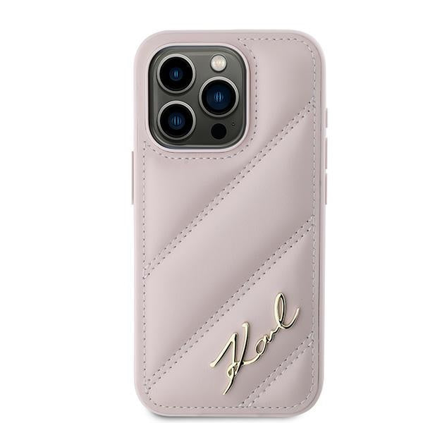Etui na Apple iPhone 15 Pro, Karl Lagerfeld, Diagonal Quilted Script, Różowy