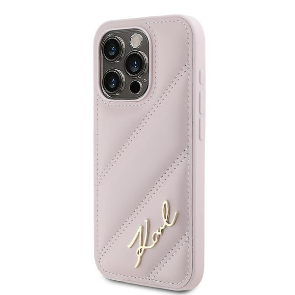 Etui na Apple iPhone 15 Pro, Karl Lagerfeld, Diagonal Quilted Script, Różowy