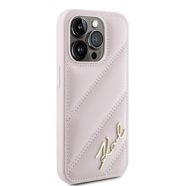 Etui na Apple iPhone 15 Pro, Karl Lagerfeld, Diagonal Quilted Script, Różowy