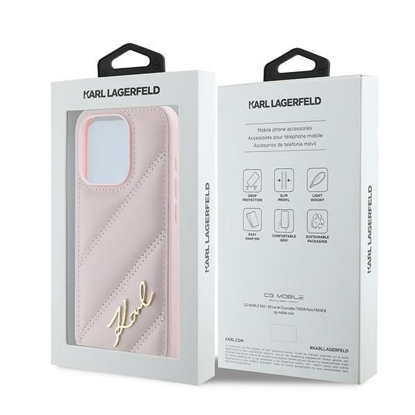 Etui na Apple iPhone 15 Pro, Karl Lagerfeld, Diagonal Quilted Script, Różowy