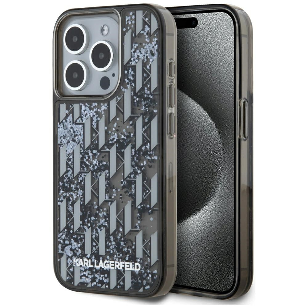 Etui na Apple iPhone 15 Pro, Karl Lagerfeld, Liquid Glitter Monogram, Czarne.