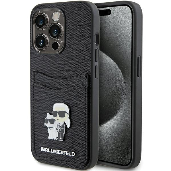 Etui na Apple iPhone 15 Pro, Karl Lagerfeld, Saffiano Card Slot Metal Karl & Choupette, Czarne